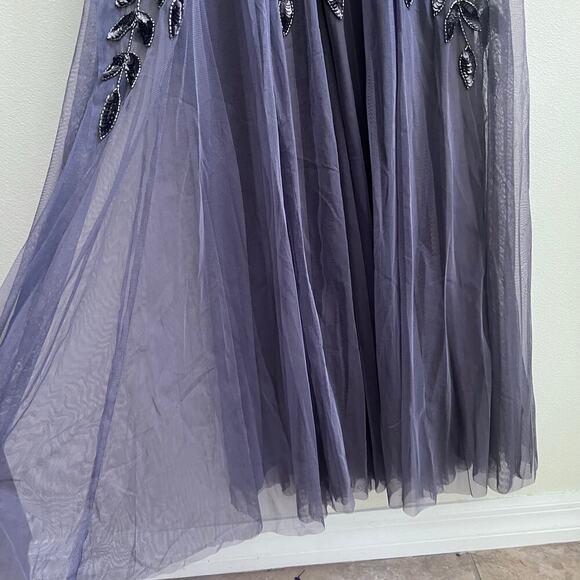 Adrianna Papell Hand Beaded Short Sleeve Floral Godet Gown in Moonscape Dress 0 - Picture 8 of 12